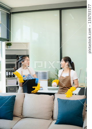 Enhance your office space with professional cleaning services. Spotless desks, hygiene, 138703577