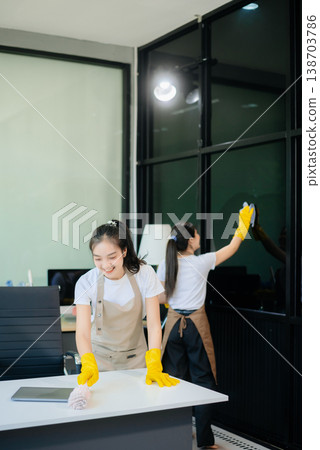 Enhance your office space with professional cleaning services. Spotless desks, hygiene, 138703786