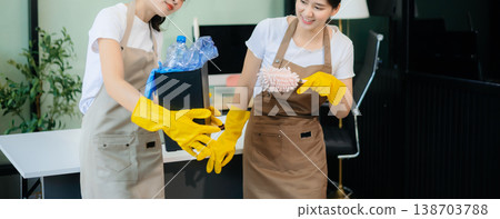 Enhance your office space with professional cleaning services. Spotless desks, hygiene, 138703788