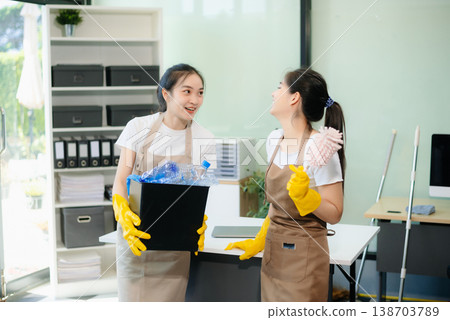 Enhance your office space with professional cleaning services. Spotless desks, hygiene, 138703789