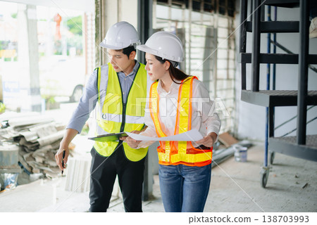 Contractor and architect looking at plan, tablet, laptop and talking about working on big project. Building in construction Contractor and architect looking at plan, tablet, laptop and talking about working on big project. Building in construction 138703993