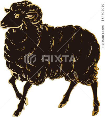 New Year's Cards for 2027 (Year of the Sheep): Watercolor illustration of a sheep, Chinese zodiac, hand-drawn, Japanese painting, ink painting, sumi-e (ink painting). 138704059