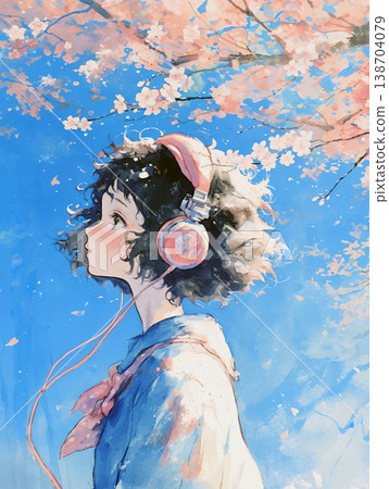 一個女孩在櫻桃樹下聽音樂 一個女孩在櫻桃樹下聽音樂 138704079