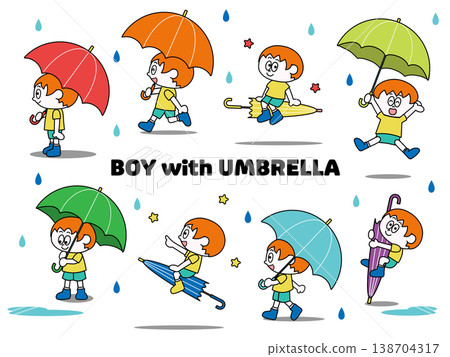 A set of illustrations of a boy holding an umbrella. 138704317