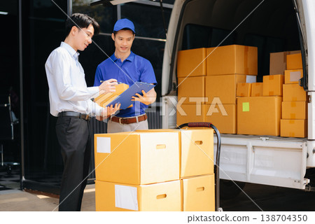 Asian Courier Delivering Package to man Delivery service near van outside the warehouse, delivery home Asian Courier Delivering Package to man Delivery service near van outside the warehouse, delivery home 138704350