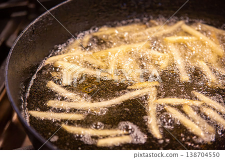 Frying French fries (home cooking scene - kitchen) 138704550