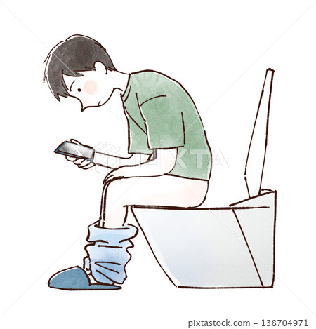 A man using his smartphone while using the toilet. 138704971