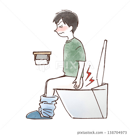 一幅插圖,描繪了一名男子坐在馬桶上,臀部疼痛(痔瘡/肛門疼痛)。 一幅插圖,描繪了一名男子坐在馬桶上,臀部疼痛(痔瘡/肛門疼痛)。 138704973