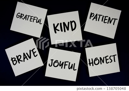 Grateful, Kind, Patient, Brave, Joyful, Honest message written on paper notes Positivity concept 138705048