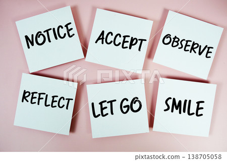 Notice, Accept, Observe, Reflect, Let Go, Smile message written on paper notes Mindfulness concept 138705058