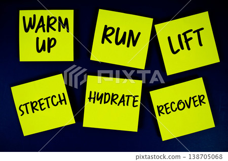 Warm-up, Run, Lift, Stretch, Hydrate, Recover message written on paper notes Fitness concept 138705068
