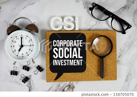 CSI - Corporate Social Investment acronym with alarm clock and magnifying glass, business concept background 138705070