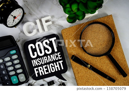 CIF - Cost Insurance Freight acronym with calculator, alarm clock and magnifying glass, Business concept background 138705079