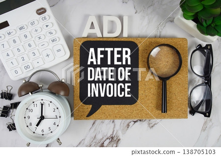 ADI After Date Of Invoice acronym with calculator, alarm clock and magnifying glass, Business concept background ADI After Date Of Invoice acronym with calculator, alarm clock and magnifying glass, Business concept background 138705103