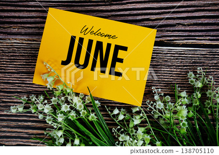 Welcome June text written on paper card with flower decorations Welcome June text written on paper card with flower decorations 138705110