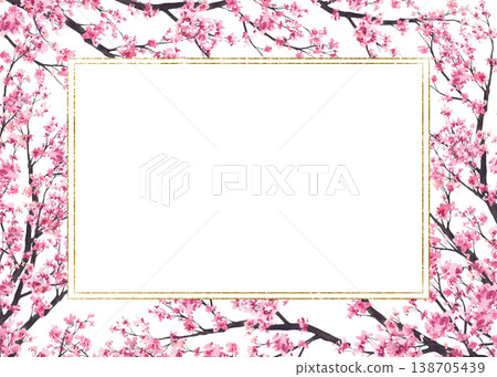 Cherry blossom golden frame. Blooming sakura tree branch pink flowers, buds gold framed. Hand drawn watercolor illustration. Spring template isolated from background for Hanami greeting cards print. Cherry blossom golden frame. Blooming sakura tree branch pink flowers, buds gold framed. Hand drawn watercolor illustration. Spring template isolated from background for Hanami greeting cards print. 138705439