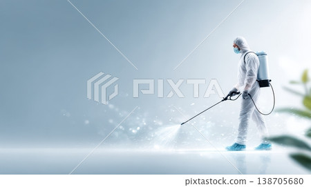 Person in protective suit sprays disinfectant using a handheld sprayer in a bright, clean environment with subtle light effects and blurred green foliage in the foreground 138705680