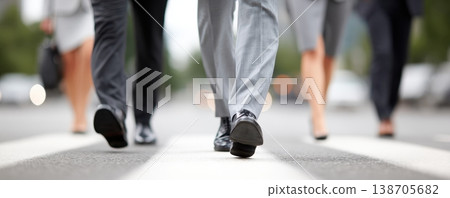 Business professionals in formal attire walking across a crosswalk on a city street, with blurred vehicles and greenery visible in the background, conveying a sense of urban commuting and 138705682