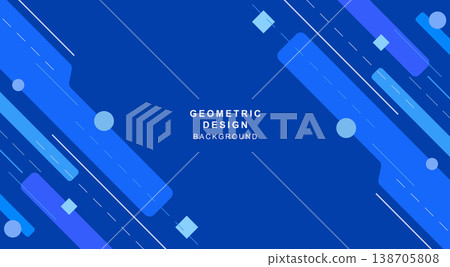 A blue geometric background material made up of diagonal lines, squares, and circles. 138705808