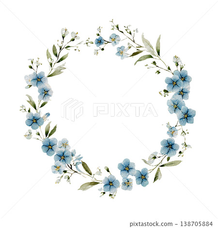 粉蝶花冠花環水彩風格植物邊框插圖 138705884