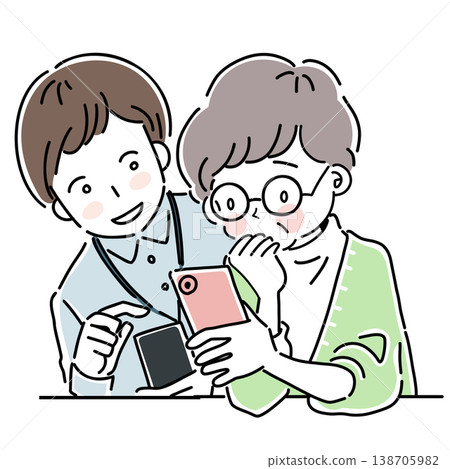 An illustration of a senior woman using a smartphone and a young person watching over her. 138705982