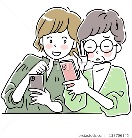 An illustration of a senior woman using a smartphone and another woman watching over her. 138706145