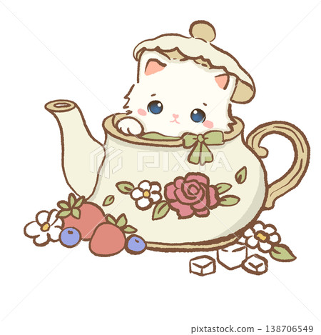 Cute Kawaii White Cat Sitting Inside Vintage Floral Teapot Cozy Afternoon Tea Illustration 138706549