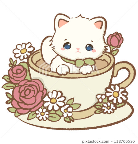 Cute Kawaii White Cat Sitting Inside Vintage Teacup Surrounded By Roses And Daisies Cottagecore Illustration 138706550