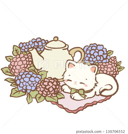 Cute Kawaii White Cat Sleeping With Teapot Surrounded By Hydrangea Flowers Cozy Tea Garden Illustration Cute Kawaii White Cat Sleeping With Teapot Surrounded By Hydrangea Flowers Cozy Tea Garden Illustration 138706552