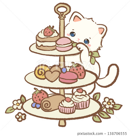 Cute Kawaii White Cat Reaching For Strawberry Cake On Vintage Three Tier Afternoon Tea Dessert Stand Illustration Cute Kawaii White Cat Reaching For Strawberry Cake On Vintage Three Tier Afternoon Tea Dessert Stand Illustration 138706555
