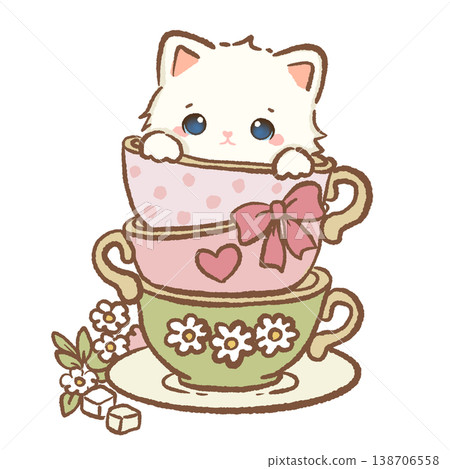 Cute Kawaii White Cat Sitting In Stacked Teacups Sweet Vintage Tea Party Dessert Aesthetic Illustration 138706558