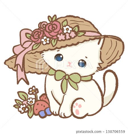 Cute Kawaii White Cat Wearing Floral Garden Hat Spring Cottagecore Strawberry Flowers Illustration 138706559