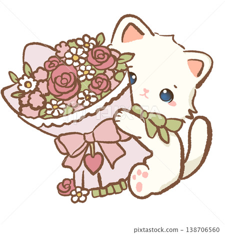 Cute Kawaii White Cat Holding Romantic Rose Bouquet Cottagecore Floral Illustration Cute Kawaii White Cat Holding Romantic Rose Bouquet Cottagecore Floral Illustration 138706560