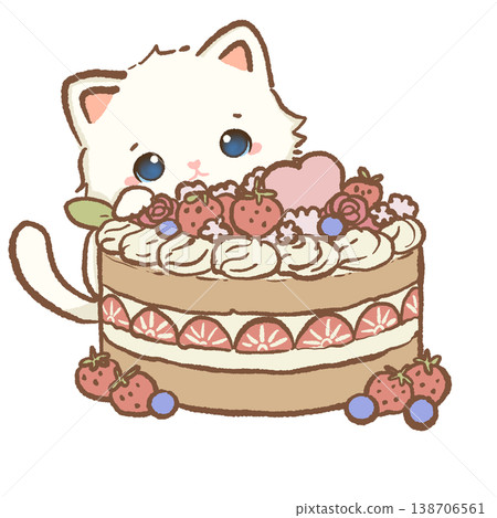 Cute Kawaii White Cat Sitting Behind Strawberry Cream Cake Sweet Dessert Bakery Illustration Cute Kawaii White Cat Sitting Behind Strawberry Cream Cake Sweet Dessert Bakery Illustration 138706561