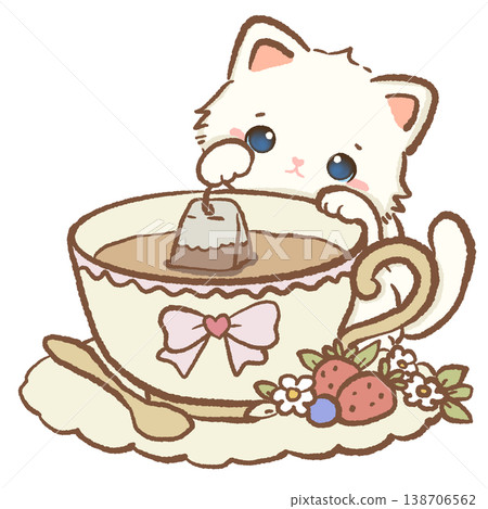 Cute Kawaii White Cat Dipping Teabag Into Large Teacup Cozy Tea Time Sweet Dessert Aesthetic Illustration Cute Kawaii White Cat Dipping Teabag Into Large Teacup Cozy Tea Time Sweet Dessert Aesthetic Illustration 138706562