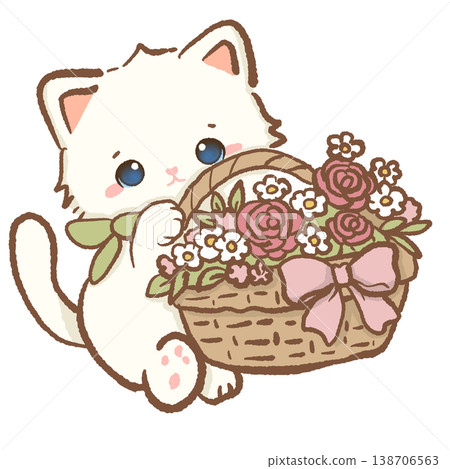 Cute Kawaii White Cat Holding Basket Of Roses Spring Garden Flowers Cottagecore Aesthetic Illustration 138706563
