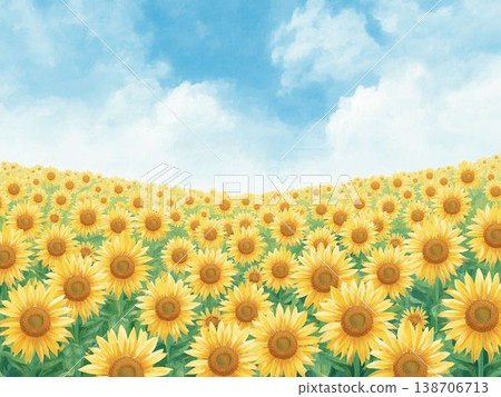 A watercolor-style illustration of a sunflower field under a blue sky. A watercolor-style illustration of a sunflower field under a blue sky. 138706713