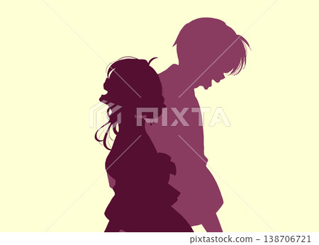 一男一女面帶微笑，背靠背站著，身穿浴衣（夏季和服）。 138706721