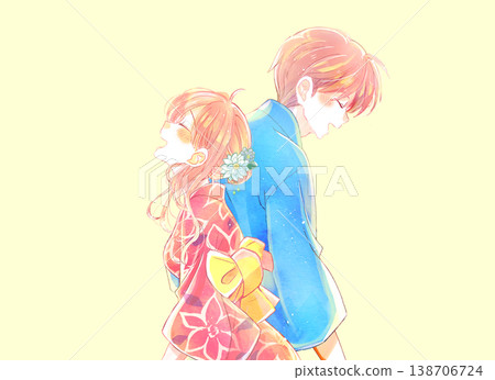 A man and a woman, smiling and standing back-to-back, wearing yukata. A man and a woman, smiling and standing back-to-back, wearing yukata. 138706724
