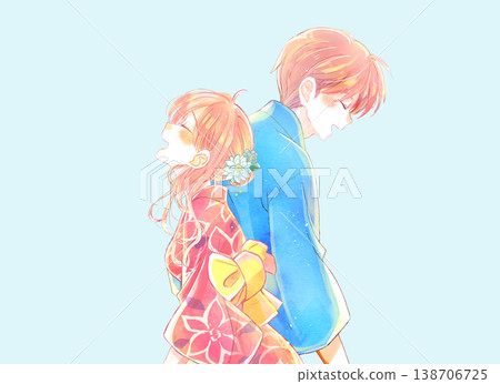 A man and a woman, smiling and standing back-to-back, wearing yukata. A man and a woman, smiling and standing back-to-back, wearing yukata. 138706725