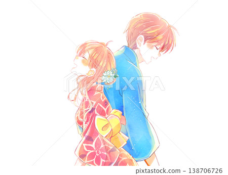 A man and a woman, smiling and standing back-to-back, wearing yukata. A man and a woman, smiling and standing back-to-back, wearing yukata. 138706726