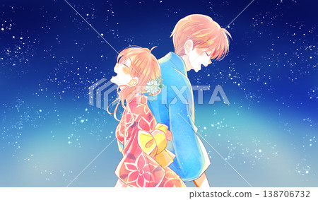 A man and a woman, smiling, back to back, wearing yukata, under a starry sky. A man and a woman, smiling, back to back, wearing yukata, under a starry sky. 138706732