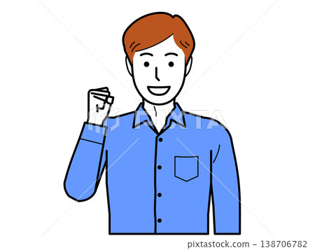 面向前方。一位身穿襯衫的年輕男子擺出勝利姿勢。 138706782