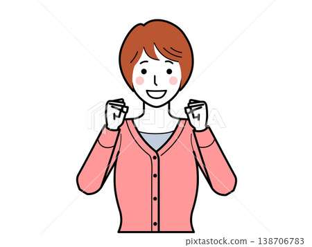 面向前方。一位身穿開襟羊毛衫的年輕女子擺出勝利姿勢。 138706783