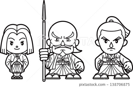 Cute character versions of the Mino Three: Kicho, Saito Dosan, and Akechi Mitsuhide [2-head chibi style, black and white, bitmap] 138706875