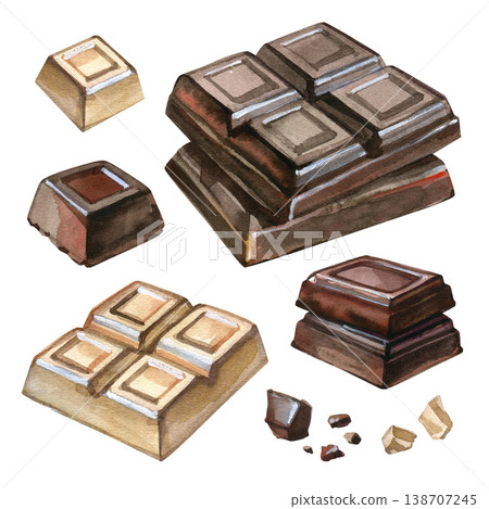 Hand drawn watercolor set of dark, milk, and white chocolate bars with broken chunks and crumbs. Delicious realistic dessert elements for cafe menus, bakery branding, and sweet food illustrations. 138707245