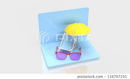 Summer Vacation Concept With Laptop Beach Scene 3d render. Summer Vacation Concept With Laptop Beach Scene 3d render. 138707291