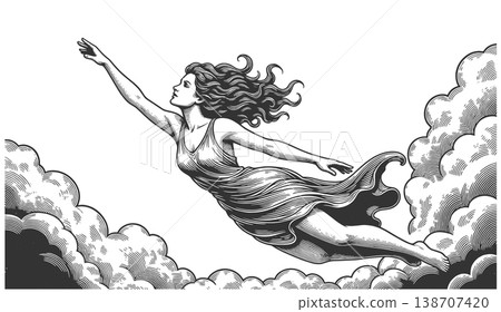 Woman Flying Gracefully in Clouds Illustration 138707420