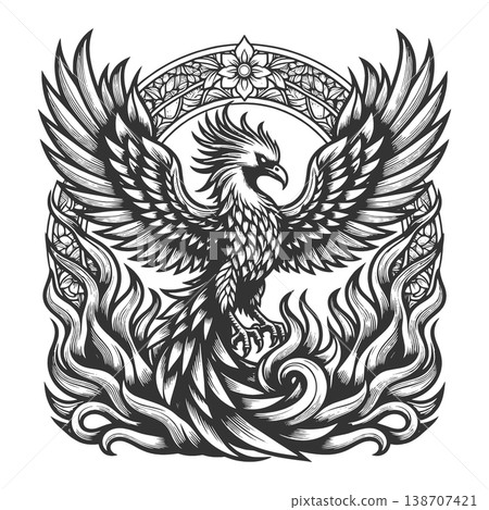 Phoenix Bird Rising From Flames engraving raster 138707421