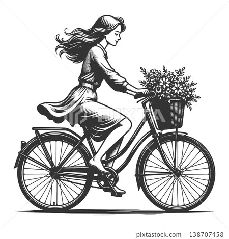 Girl Riding Bicycle with Flower Basket vector Girl Riding Bicycle with Flower Basket vector 138707458
